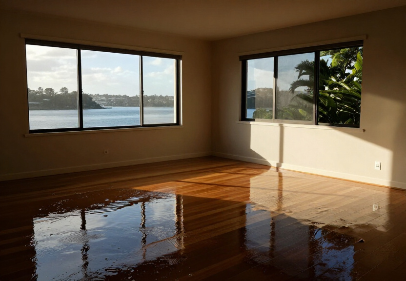 Flooded living room in Canada Bay before restoration